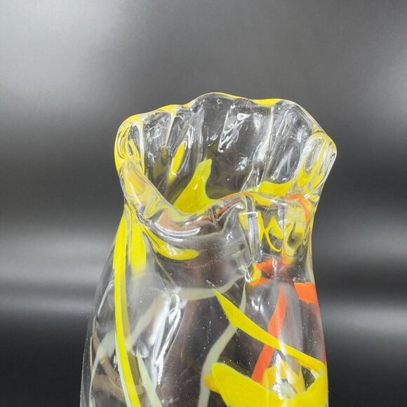 Hand Blown Studio Art Glass Swung Vase Clear Multicolor Swirls Hand Made Glass - Picture 10 of 16